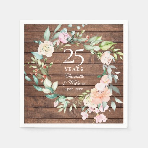 Rustic Wood 25th Silver Wedding Anniversary Floral Napkins