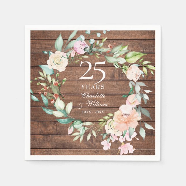 Rustic Wood 25th Silver Wedding Anniversary Floral Napkins (Front)