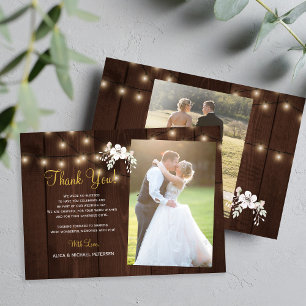 Rustic wood 2 photos winter wedding thank you card