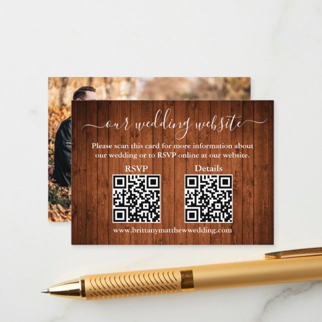 Rustic Wood 2 QR Photo Wedding RSVP Details Enclosure Card (Front/Back In Situ)