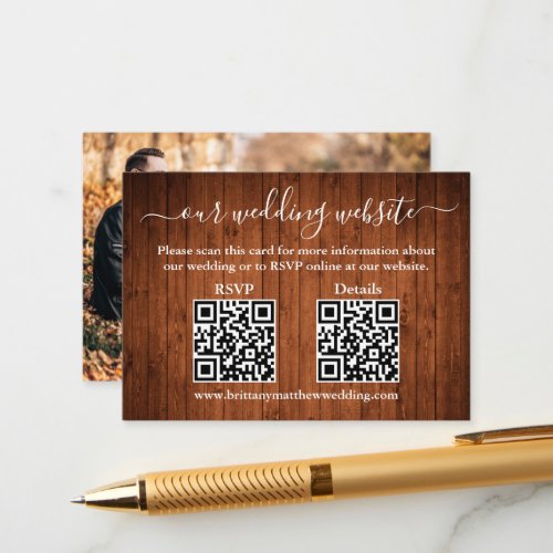 Rustic Wood 2 QR Photo Wedding RSVP Details Enclosure Card