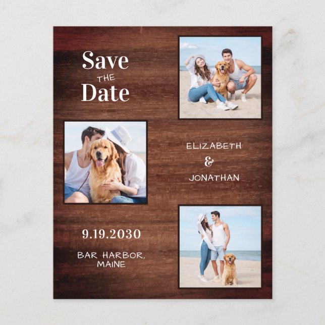 Rustic Wood 3 Photo Budget Wedding Save The Date (Front)