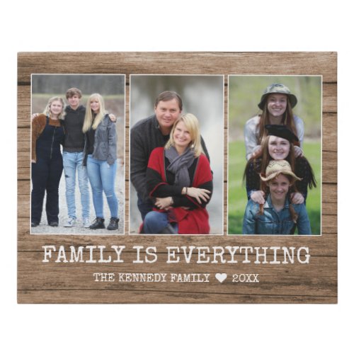 Rustic Wood 3 Photo Collage Family Name Quote  Faux Canvas Print