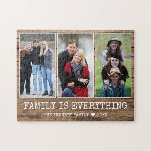 Rustic Wood 3 Photo Collage Family Name Quote Jigsaw Puzzle