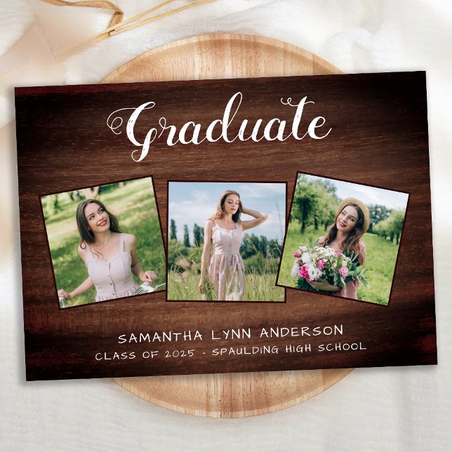 Rustic Wood 3 Photo Collage Graduation Announcement (Creator Uploaded)