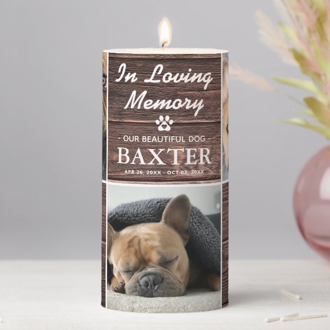 Rustic Wood 3 Photo Collage Memorial Pet Keepsake Pillar Candle (In Situ)