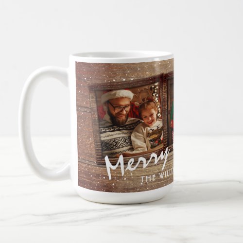 Rustic Wood 3 Photo Family Name Merry Christmas Coffee Mug