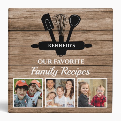 Rustic Wood 3 Photo Family Recipe Cookbook   3 Ring Binder