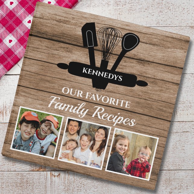 Rustic Wood 3 Photo Family Recipe Cookbook   3 Ring Binder (Creator Uploaded)