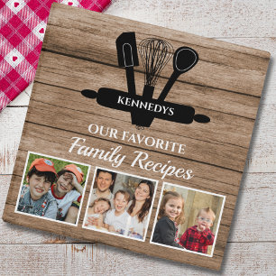 Rustic Wood 3 Photo Family Recipe Cookbook   Ring Binder