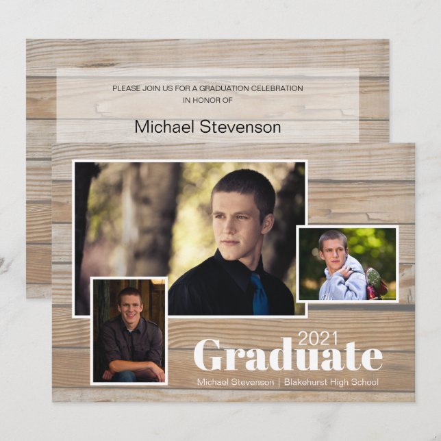 Rustic Wood 3 Photo Graduation Party Invitation (Front/Back)