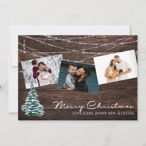 Rustic Wood 3 Photo Merry Christmas Card w Tree 2