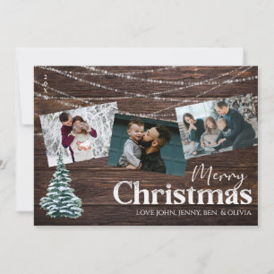 Rustic Wood 3 Photo Merry Christmas Card with Tree