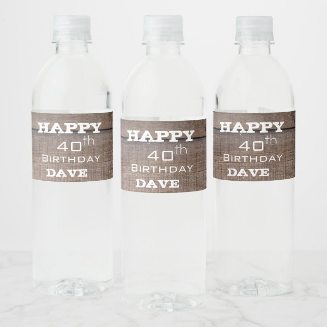 Rustic Wood 40th Any Year Birthday Water Bottle Label (Bottles)