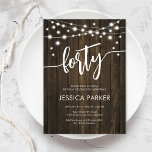 Rustic Wood 40th Birthday Party Invitation<br><div class="desc">40th Birthday Party Invitation. Rustic design with dark brown wood pattern. Classy invite card featuring fairy string lights and script font. Perfect for a stylish fortieth bday celebration. Personalize with your own details. Can be customized for any age! Printed Zazzle invitations or instant download digital printable template.</div>
