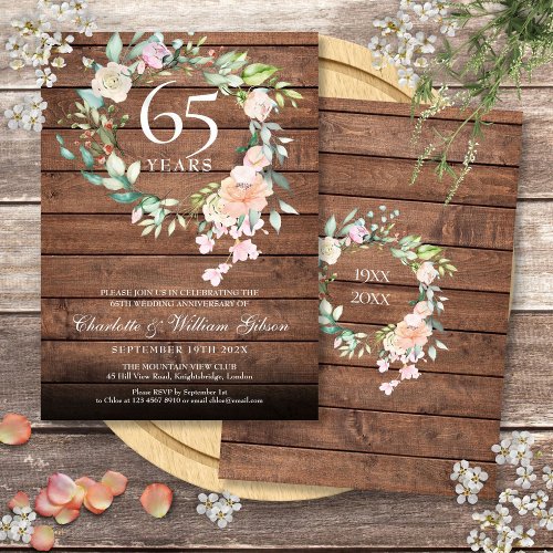 Rustic Wood 45th 65th Wedding Anniversary Floral Invitation