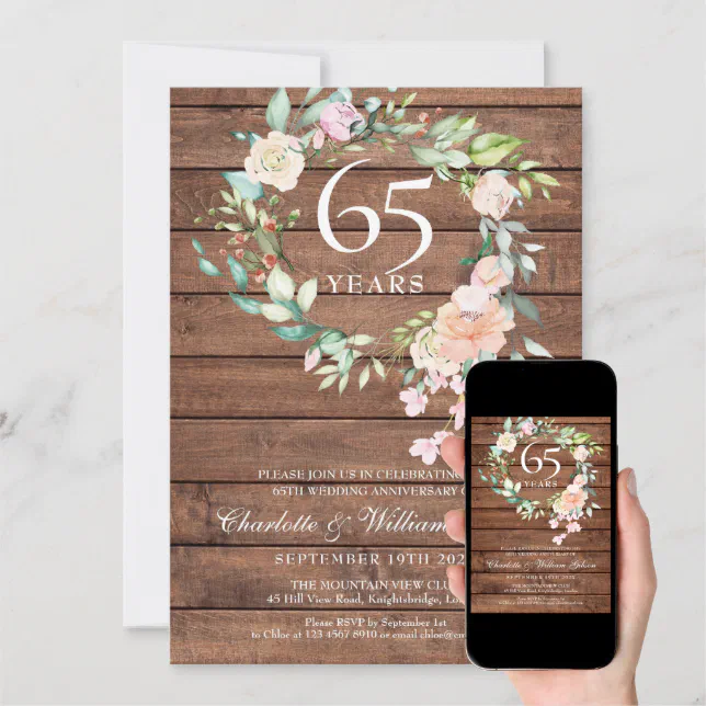 Rustic Wood 45th 65th Wedding Anniversary Floral Invitation | Zazzle