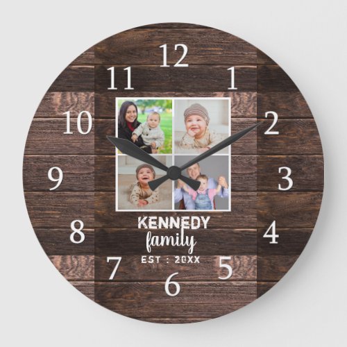 Rustic Wood 4 Family Photo Collage Large Clock