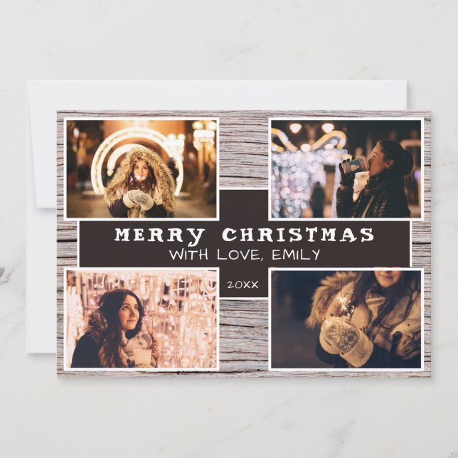 Rustic Wood 4 Photo Collage Christmas Picture Card (Front)