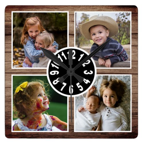 Rustic Wood 4 Photo Collage Christmas Square Wall Clock