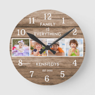 Rustic Wood 4 Photo Collage Family Is Everything Round Clock