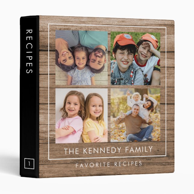 Rustic Wood 4 Photo Collage Family Name Cookbook  3 Ring Binder (Front/Spine)