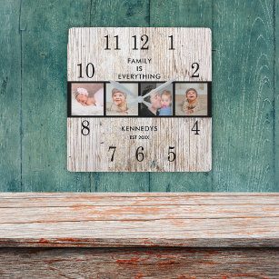 Rustic Wood 4 Photo Collage Family Quote Square Wall Clock