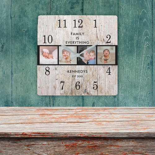 Rustic Wood 4 Photo Collage Family Quote Square Wall Clock