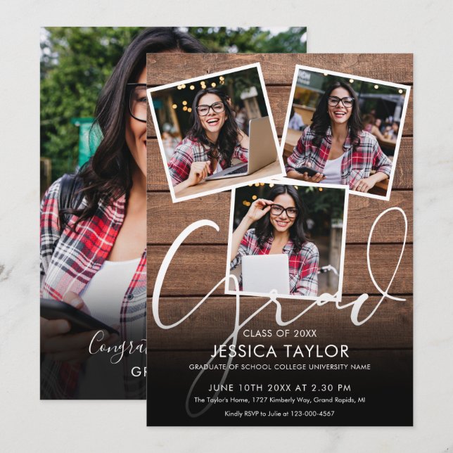 Rustic Wood 4 Photo Collage Graduation Party Invitation (Front/Back)