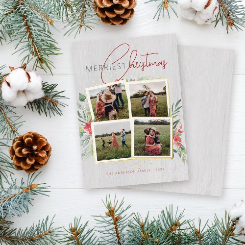 Rustic Wood 4 Photo Collage Merriest Christmas Foil Holiday Card