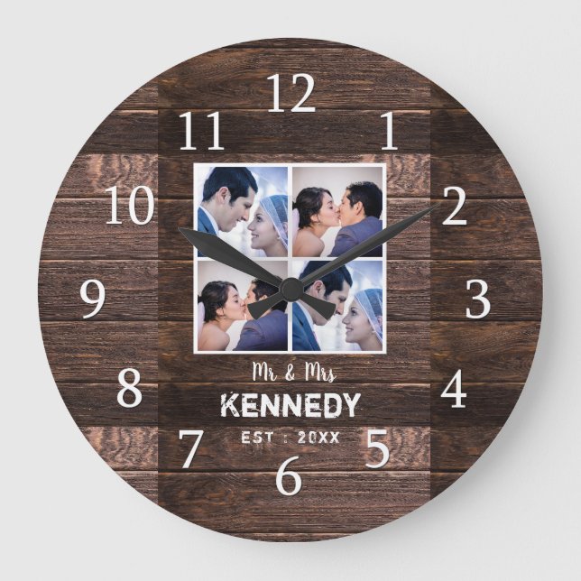 Rustic Wood 4 Photo Collage Wedding Anniversary Large Clock (Front)
