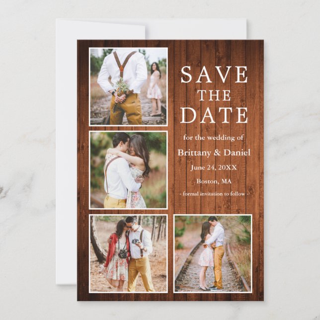 Rustic Wood 4 Photo Engagement Save The Date (Front)