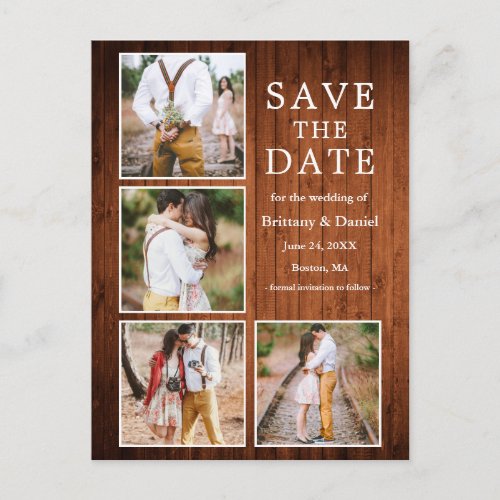 Rustic Wood 4 Photo Engagement Save the Date Postcard
