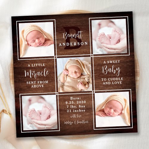 Rustic Wood 5 Photo Collage New Baby Stats Birth Announcement