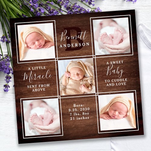 Rustic Wood 5 Photo Collage New Baby Stats Shower Thank You Card