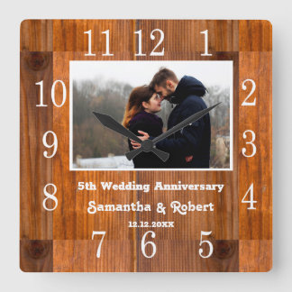Rustic Wood 5 Year Anniversary Photo Square Wall Clock