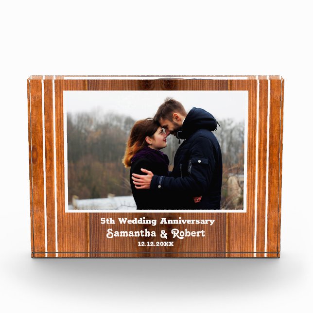 Rustic Wood 5th Wedding Anniversary Couple Photo Block (Front)