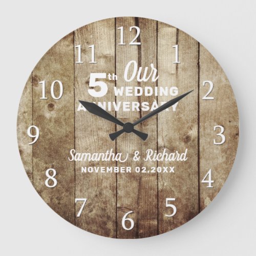 Rustic Wood 5th Wedding Anniversary Personalized   Large Clock