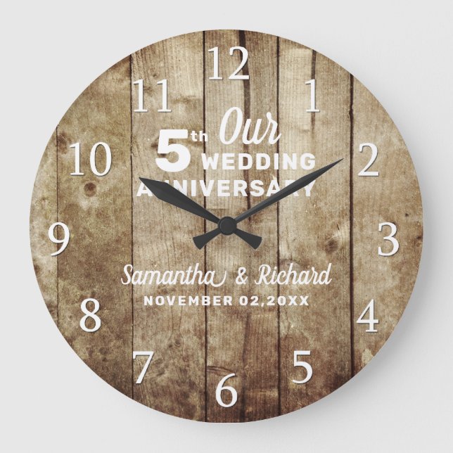 Rustic Wood 5th Wedding Anniversary Personalized   Large Clock (Front)
