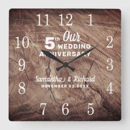 Rustic Wood 5th Wedding Anniversary Personalized  Square Wall Clock