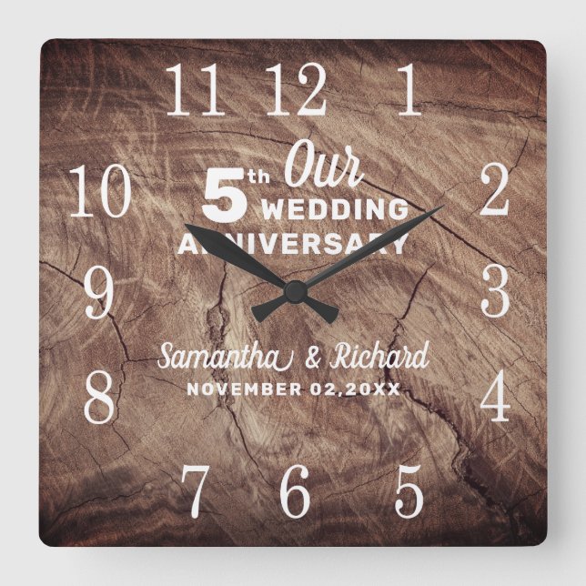 Rustic Wood 5th Wedding Anniversary Personalized  Square Wall Clock (Front)