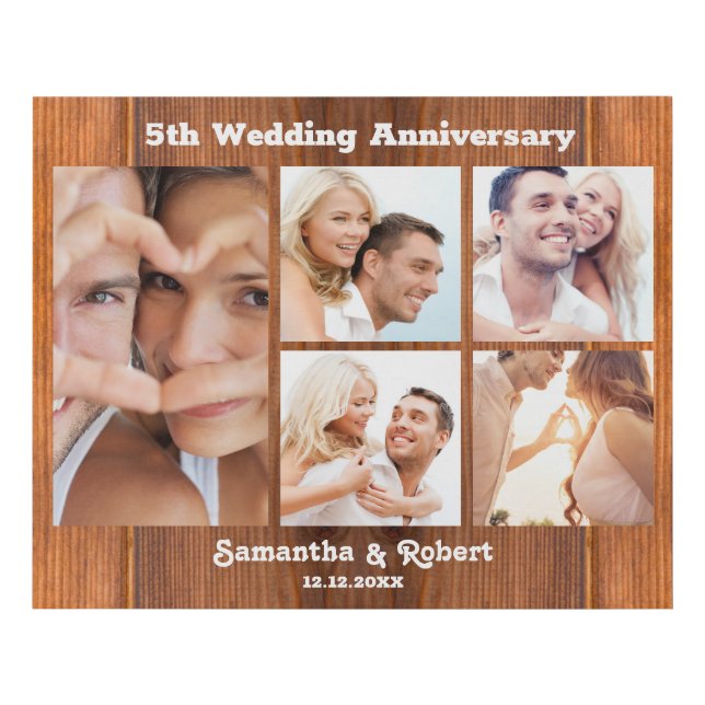 Rustic Wood 5th Wedding Anniversary Photo Collage Faux Canvas Print (Front)