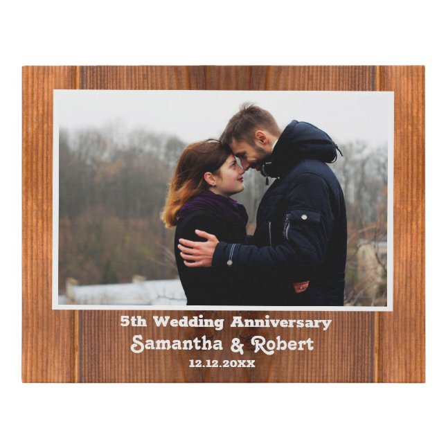 Rustic Wood 5th Wedding Anniversary Photo  Faux Canvas Print (Front)