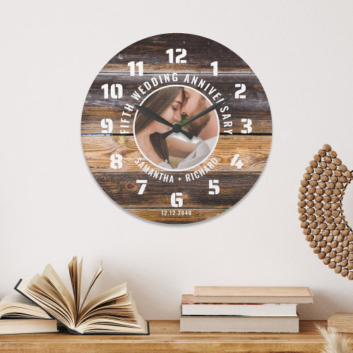 Rustic Wood 5th Wedding Anniversary Photo Large Clock
