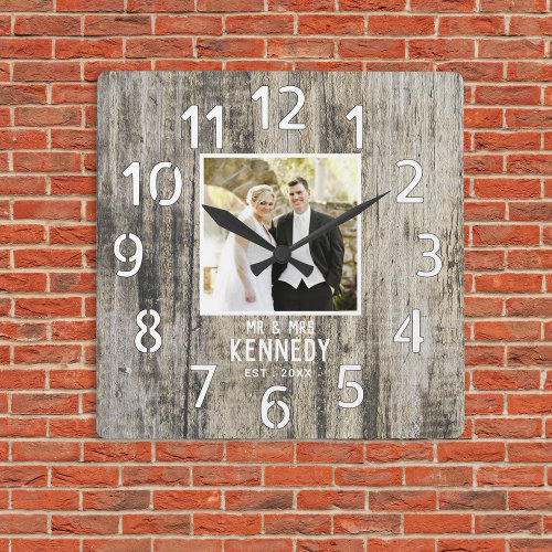 Rustic Wood 5th Wedding Anniversary Photo Square Wall Clock