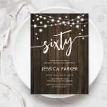 Rustic Wood 60th Birthday Party Invitation<br><div class="desc">60th Birthday Party Invitation. Rustic design with dark brown wood pattern. Classy invite card featuring fairy string lights and script font. Perfect for a stylish sixtieth bday celebration. Personalize with your own details. Can be customized for any age! Printed Zazzle invitations or instant download digital printable template.</div>