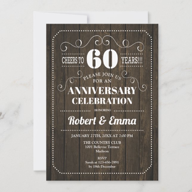 Rustic Wood 60th Wedding Anniversary Party Invitation (Front)