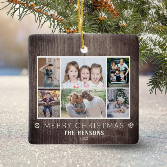Rustic Wood 6 Photo Collage Christmas Family  Ceramic Ornament (Creator Uploaded)