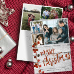 Rustic wood 6 photo collage Merry Christmas  Holiday Card<br><div class="desc">Rustic wood stylish Merry Christmas holiday card with modern handwritten calligraphy script,  6 custom family photos,  and your personalized text featuring a crimson red holy berries branch.</div>