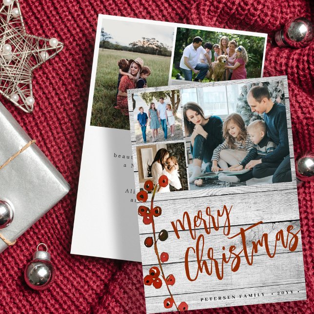 Rustic wood 6 photo collage Merry Christmas  Holiday Card (Creator Uploaded)